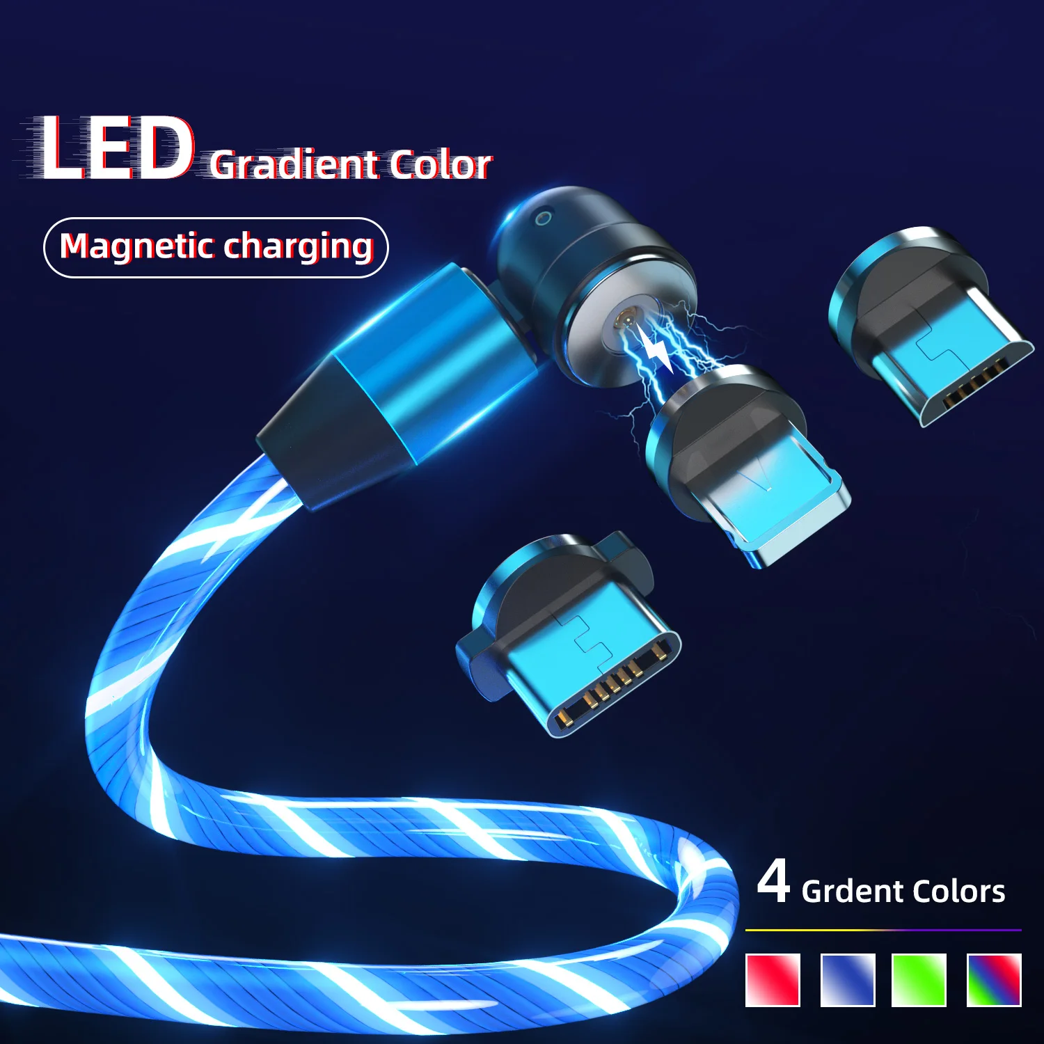 

USLION 3 in 1 540 Rotation Magnetic charging Cable Lighting LED Flowing Fast Charging Cable micro Usb Cable, Blue green red silver