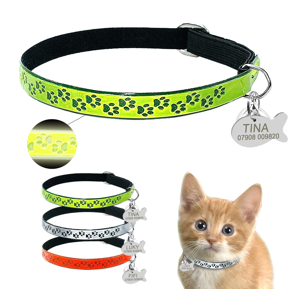 

Personalized Cat Collar Fluorescence Kitten Cats Bell Collars Free Engarving Glowing With Engraved ID Tag Paw Necklace, Orange, yellow, silver