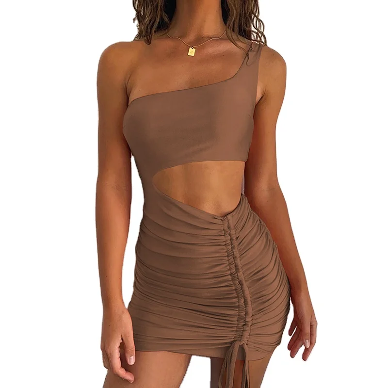 

Sexy Night Club One Shoulder Wrapped Chest Folds Drawstring Mini Pack Hip Dress Women Clothing, White, red, brown, black, orange powder, phosphor