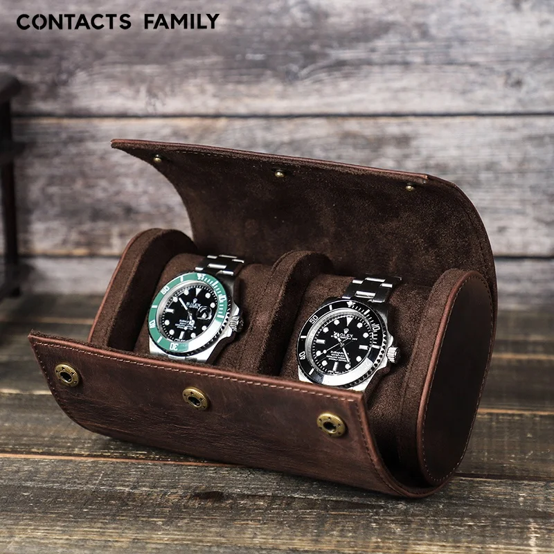 

CONTACT'S FAMILY Luxury Valentines Gift Couple Travel Watch Storage Case Real Leather Watch Box for 2 Slots His and Her Watch