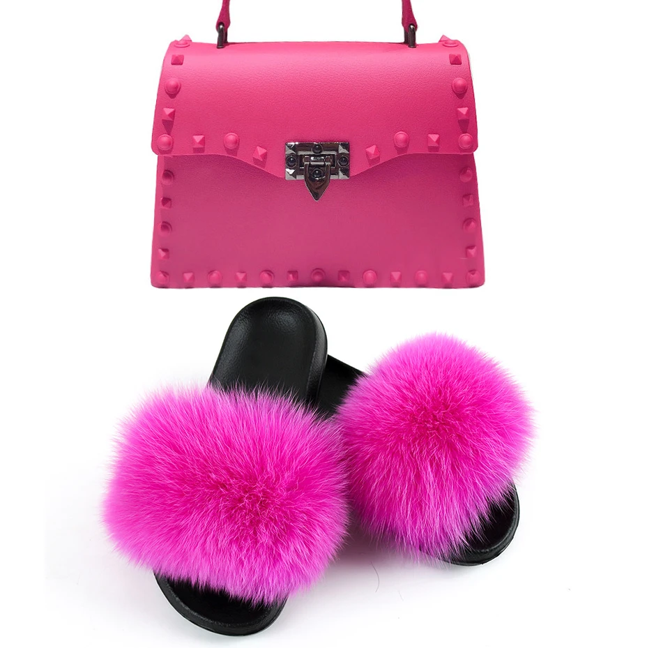 

Designer Candy Color Silicone Bag With Match Fox fur Slides Wholesale Jelly Purse Hand Bags And Slide Sandal Women Set Hand Bags
