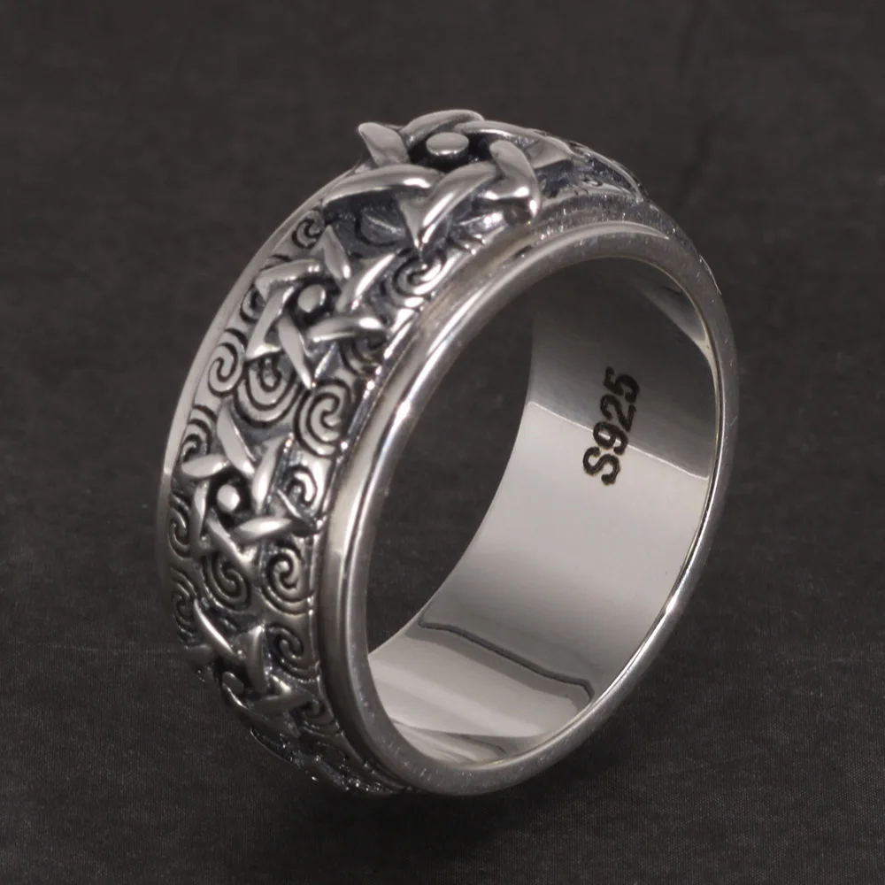 

New Arrival S925 Sterling Silver Rotatable Buddhism Ring Vintage Men's Six-pointed Star Auspicious Cloud Religious Jewelry