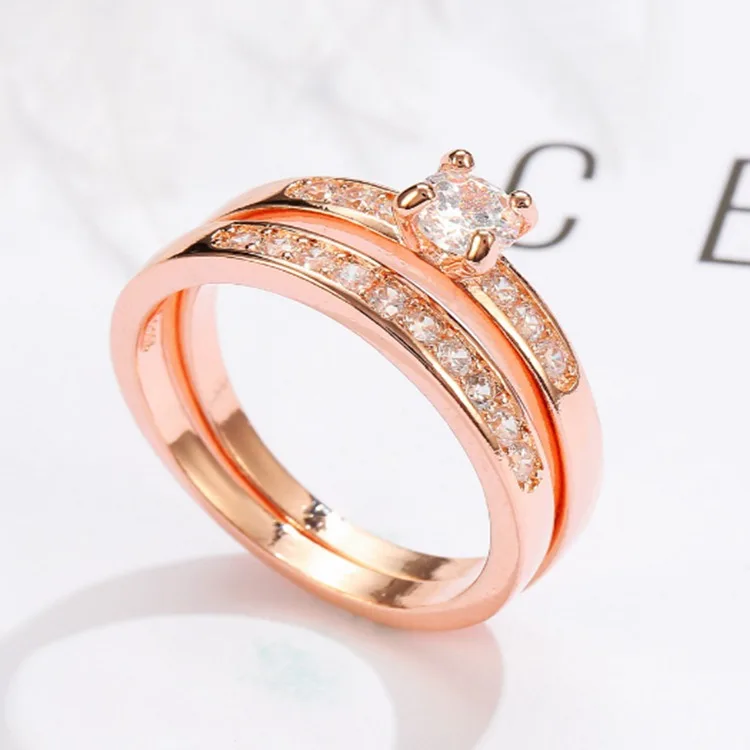 

Fashion Rose Gold Plated Gem Ring Zirconia Wedding Rings Set For Women