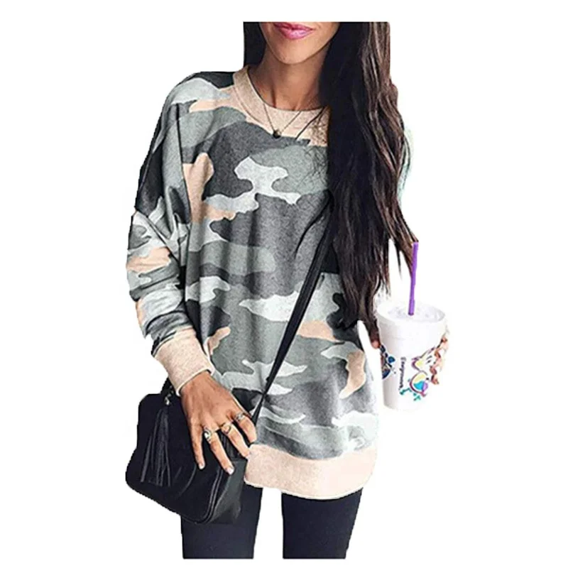 Wholesale women camouflage crewneck long sleeve pullover loose casual tops hoodies sweatshirt
