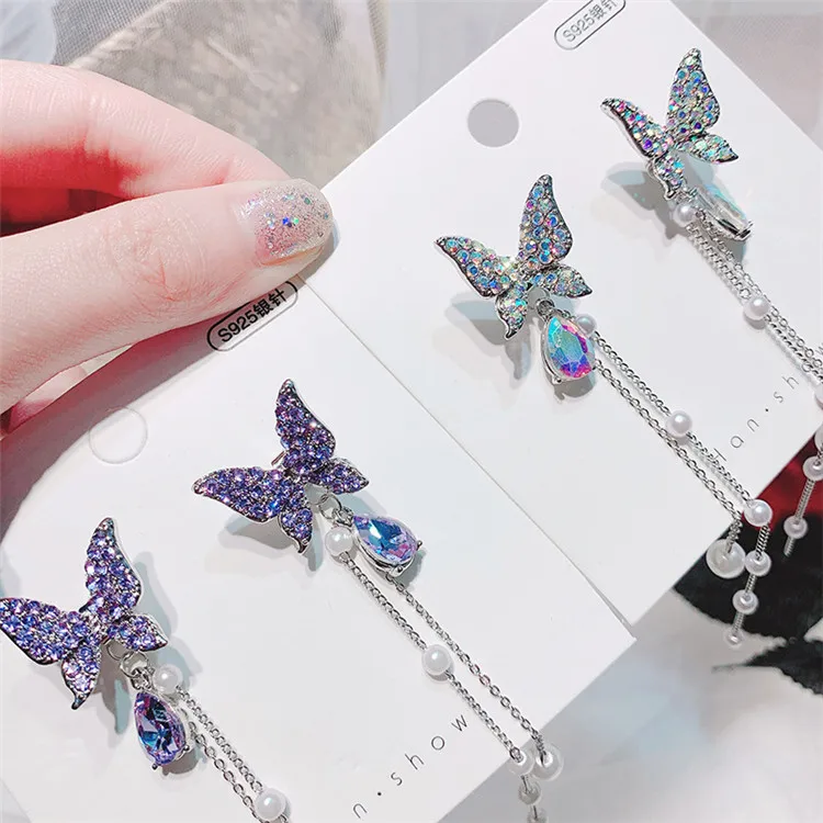 

Creative Purple Butterfly Full Diamond Pearl Long Tassel Earrings, Picture shows