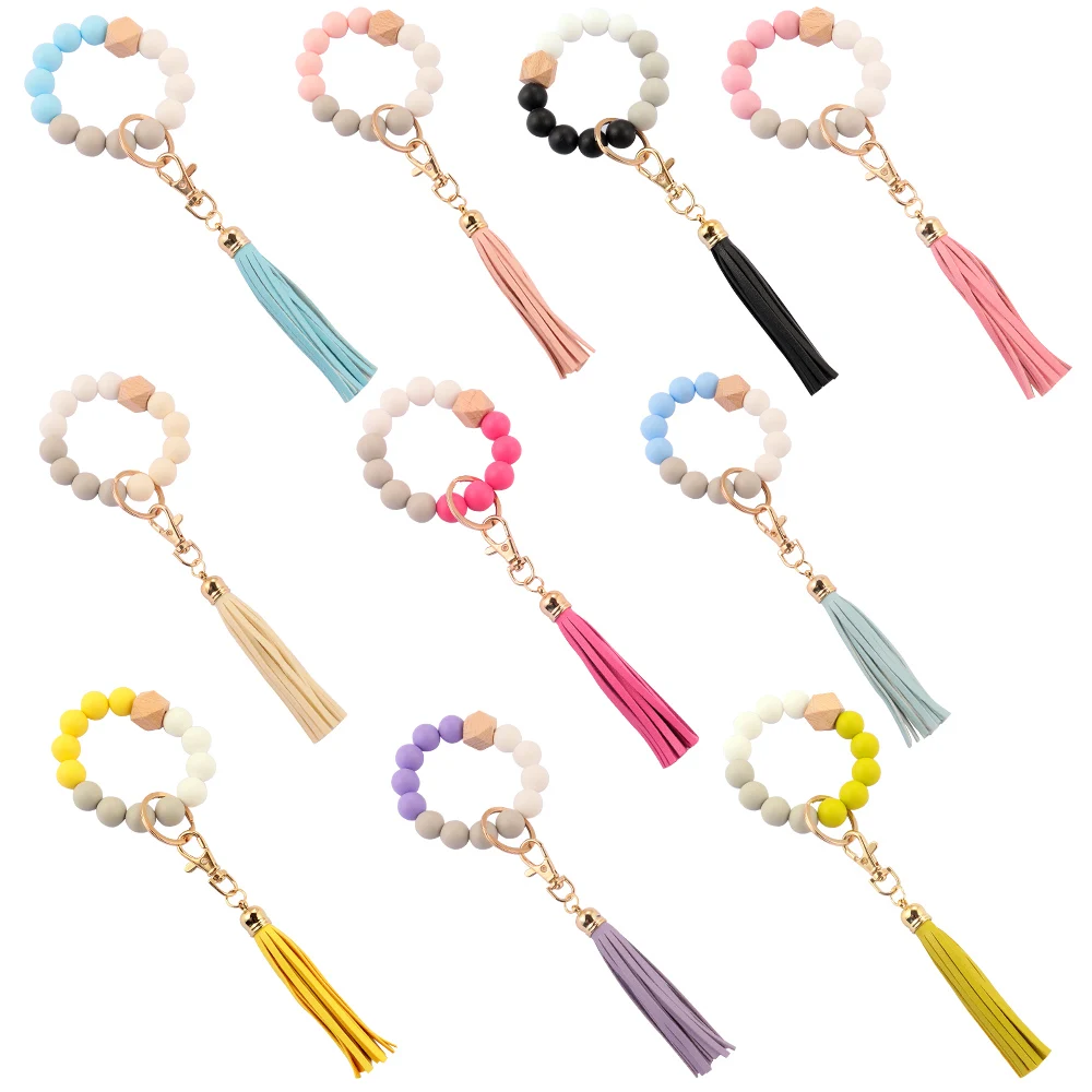 

1pcs Silicone Wood Beads Metal head Keychain For Keys Wristlet Bracelet Pendant Keyring For Women Tassel Charms Accessories, Picture