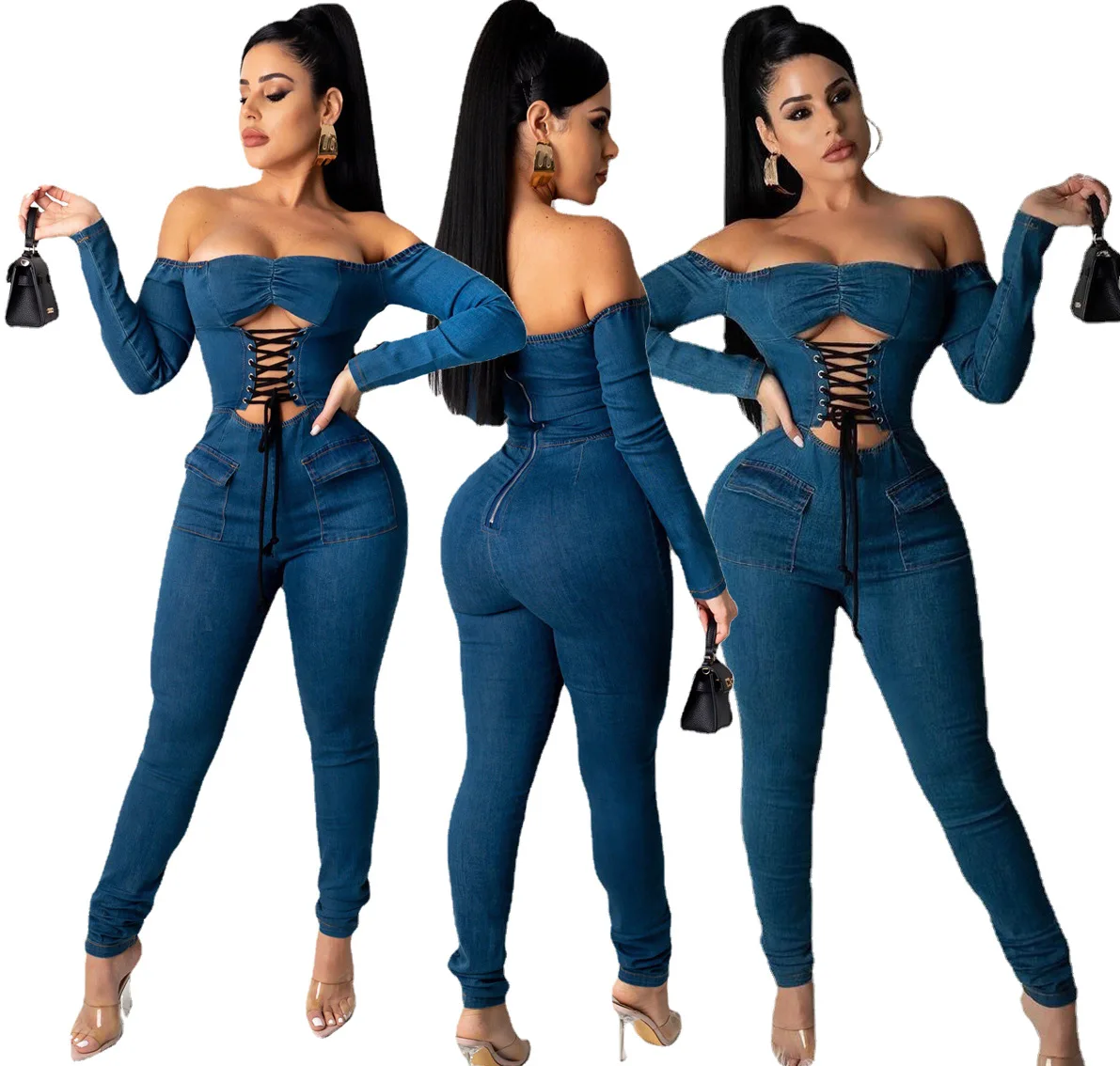 

2021 Fall Sexy Off The Shoulder Hollow Out Bandage Denim Long Sleeve Jean One Piece Jumpsuit Woman Bodycon Jumpsuit, Picture shows