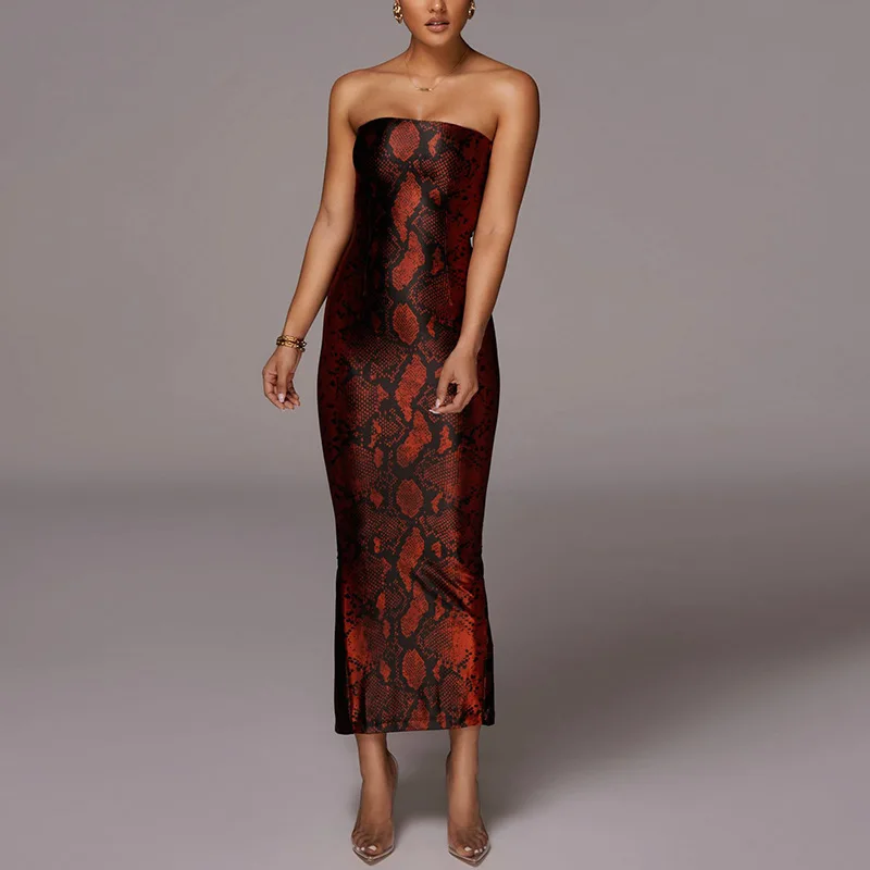 

KQ-313 Faux leather dresses sexy off-shoulder snake print dress women backless bodycon skinny long dress vestidos sexis, As picture