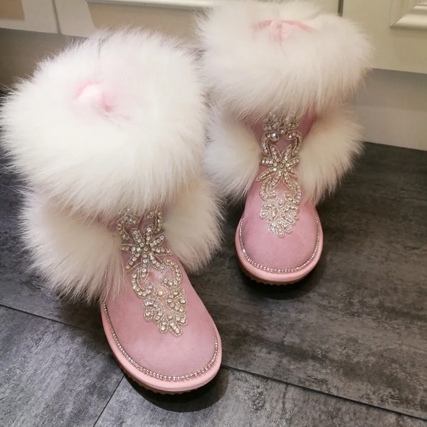 

2021 new fox fur pink handmade snow boots for woman