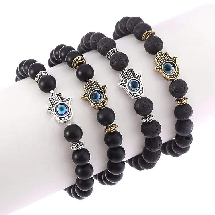 

Fashion Charm 8mm Black Lava Natural Stone Bead Bracelet for Men and Women Mala Hamsa Hand Bracelets