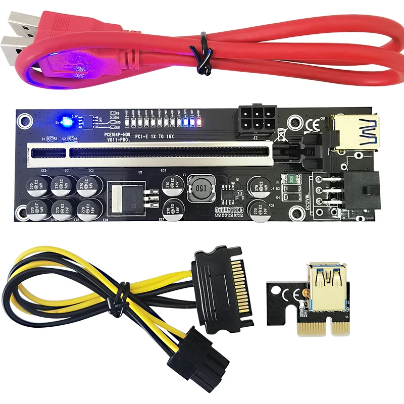 

Black Pci-e Risers V011Pro PCIe 1X to 16X Riser GPU Riser Card 011pro Plus adapter With 12 led lights 10 Capacitor GPU V011 pro