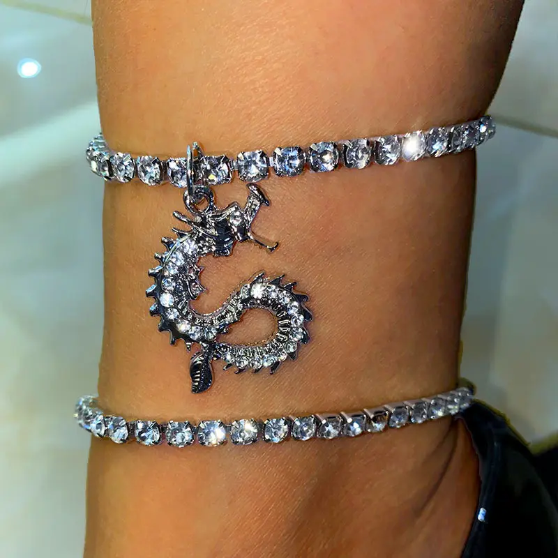 

Boho Beach Party Personality Foot Jewelry Adjustable Shiny Rhinestone Tennis Chain Anklet Vintage Crystal Dragon Animal Anklet, Gold,silver color