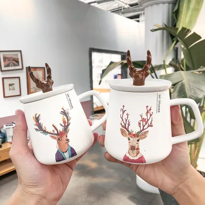 

cartoon mug coffee cup with lid Nordic style INS creative antler ceramic mug, As the picture show