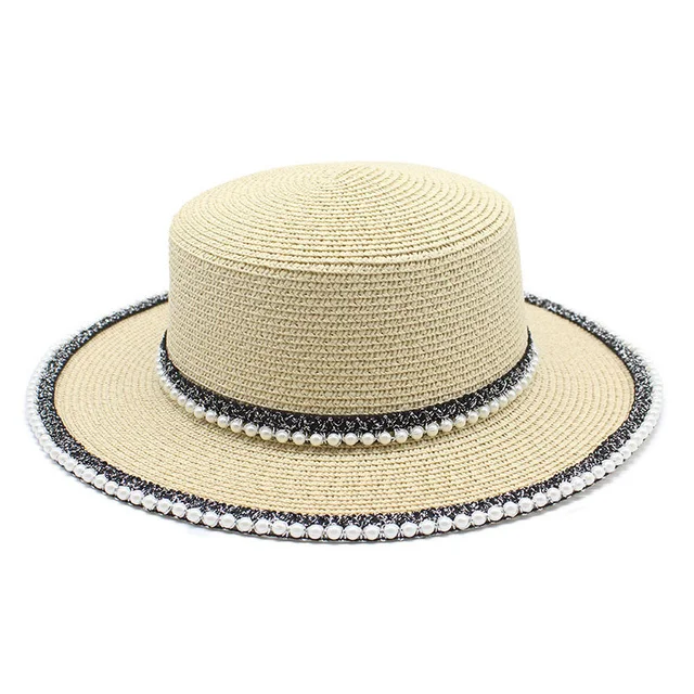 

New Summer Women Hats Sequin Straw Hat Brim Jazz Panama Caps with Pearl Sun Hat For Party Travel