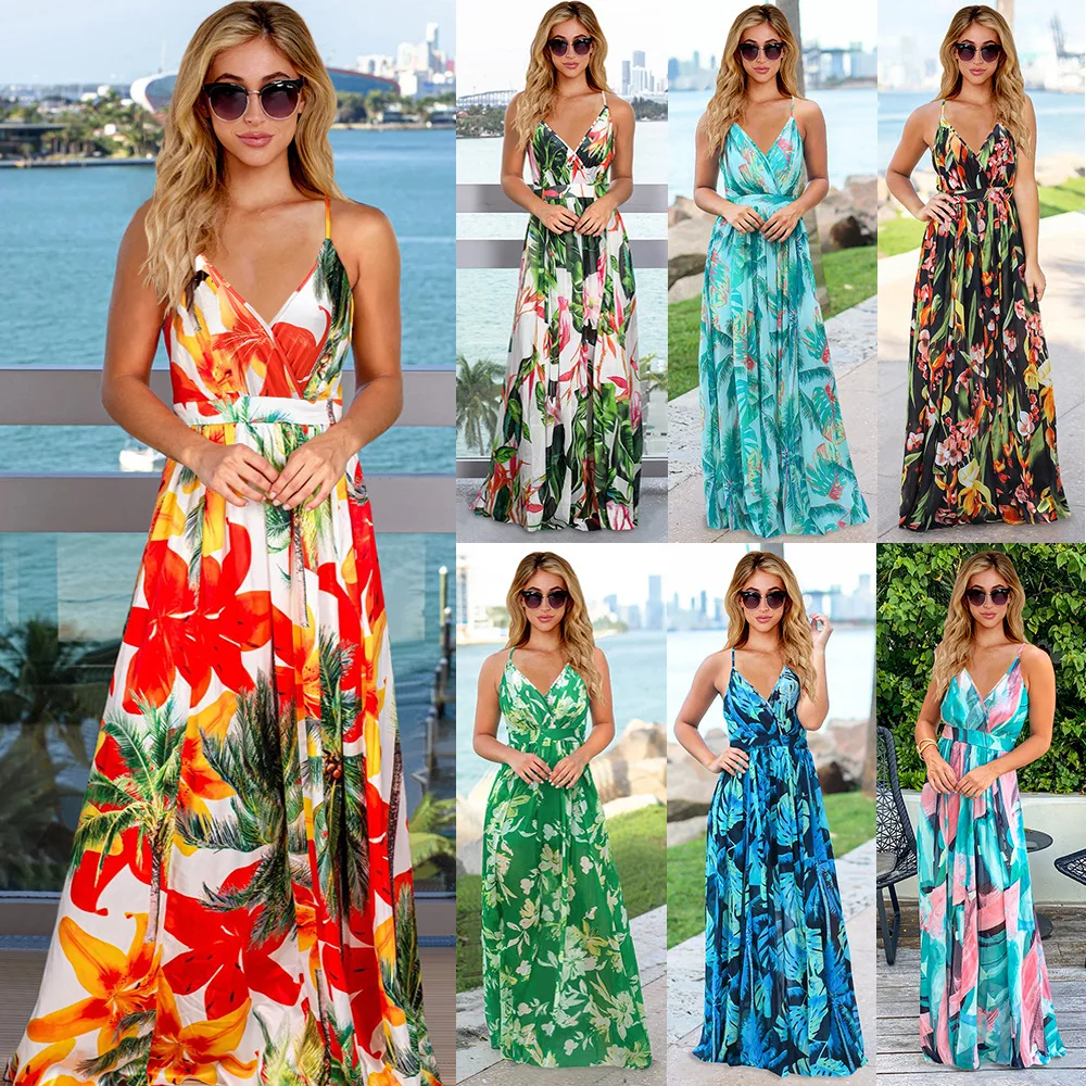 

Amazon Hotsale Sea Beach Style Boho Floral Strap Long Casual Dresses Women Plus Size Colorful Printed Maxi Dresses for Summer, Picture color