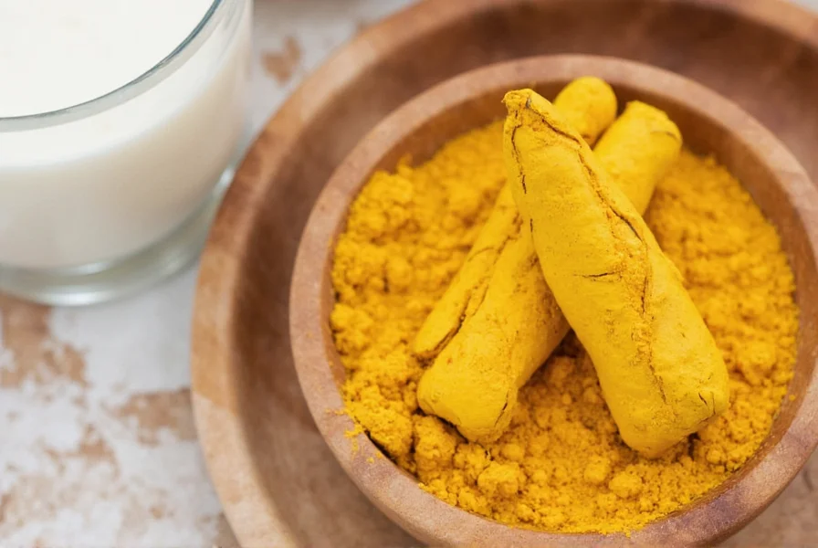 Golden turmeric milk in a ceramic mug with turmeric root and black pepper
