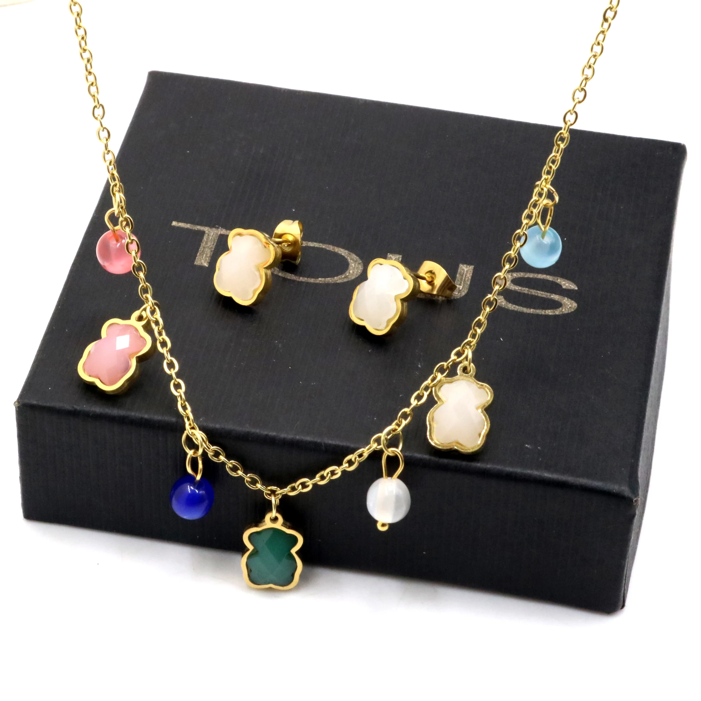 

AFXSION Christmas hot jewelry bear necklace and earrings Stainless steel with Colorful Crystal 18K Gold Jewelry Set, Picture