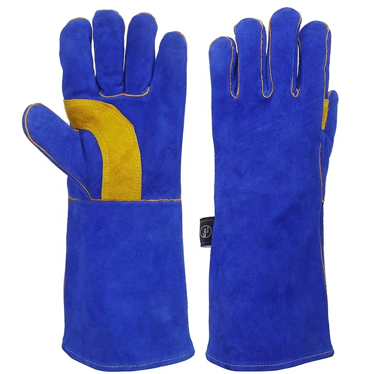 

Labor Insurance Welding Gloves Cowhide Lengthen Anti-cut Protective Gloves, Blue yellow