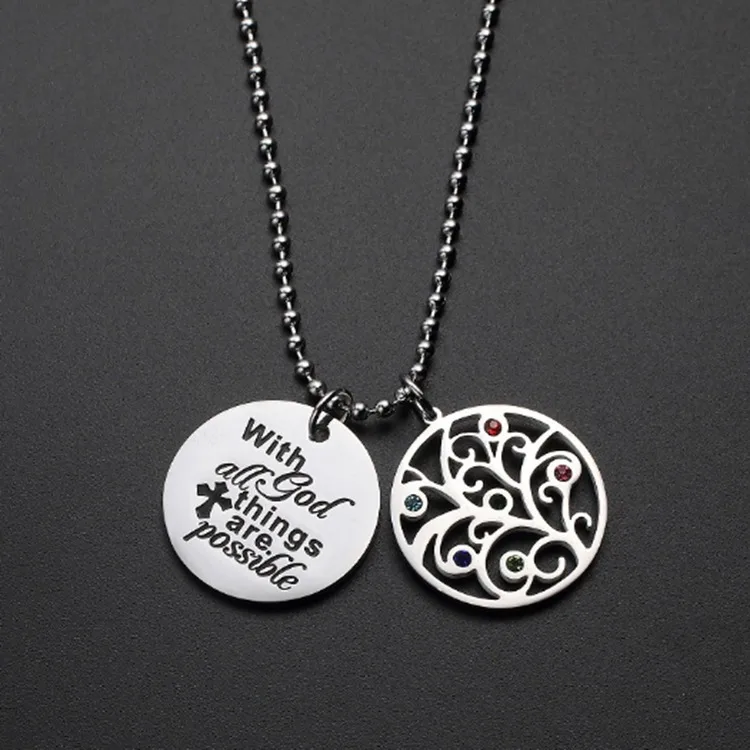 

Fashion Classical Stainless steel round plain pendant necklace engraved tree life necklace