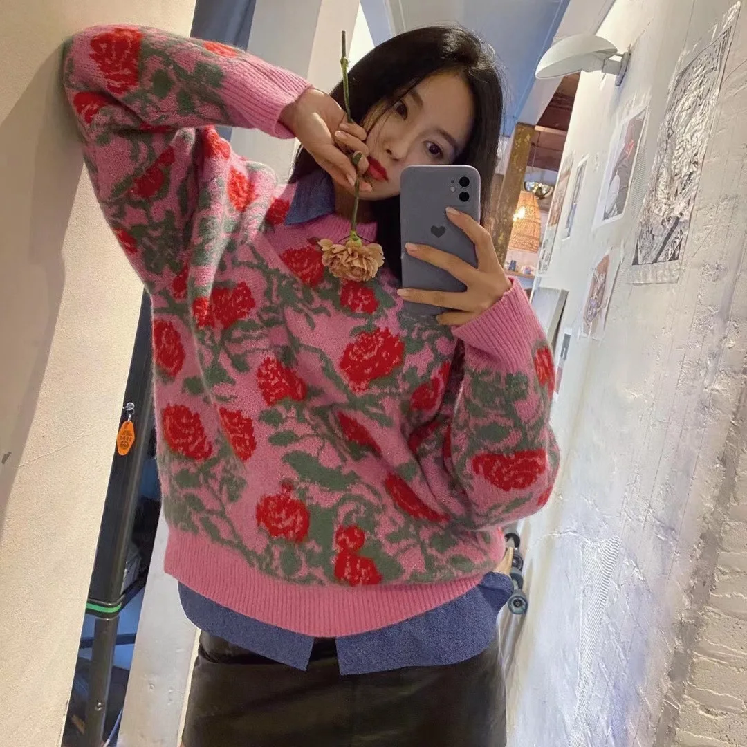 

wholesale factory Knitted jacquard rose flower pattern long sleeved pullover chunky knit sweater women
