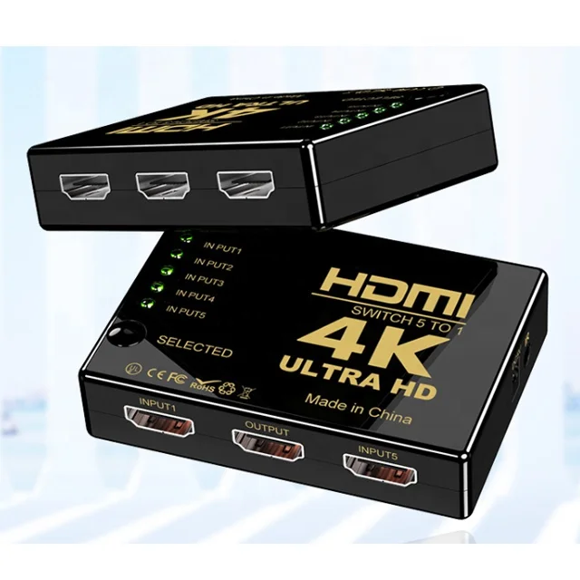 

4k 1080p 5 Input 1 Output with IR Remote Control Switch Supports 4K Full HD1080p 3D HDCP 5 in 1 Out Switch