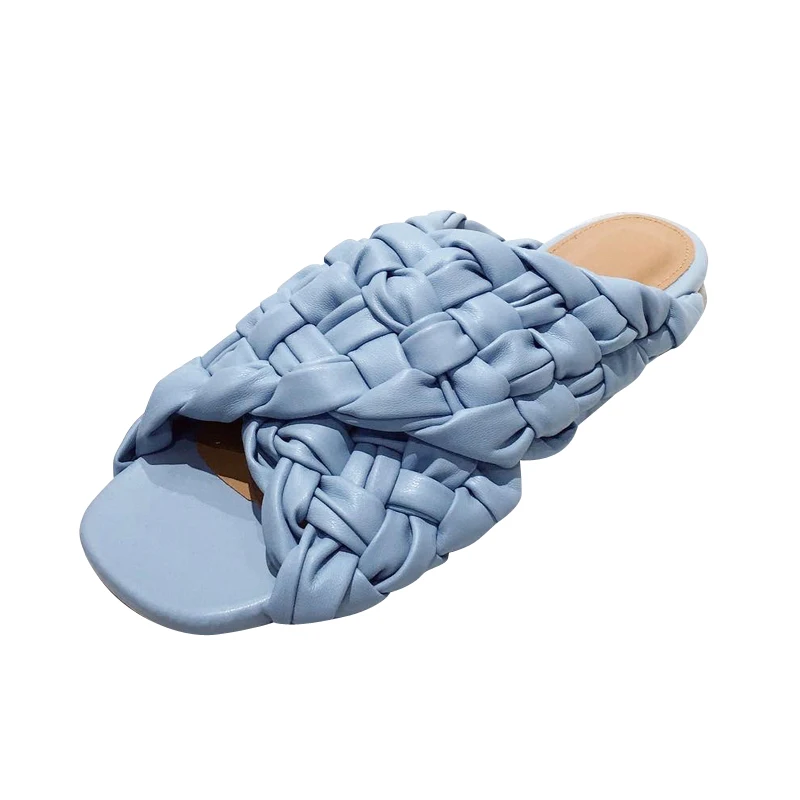 

OULLIS 2021 Fashion Slide Designer Handmade Woven Braid Slip on Flat Women Sandals, Apricot, black, red, white, light blue, dark blue