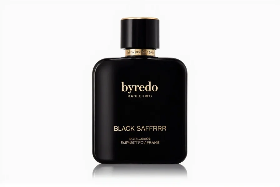 Close-up of Byredo Black Saffron perfume bottle showing its minimalist design and dark liquid