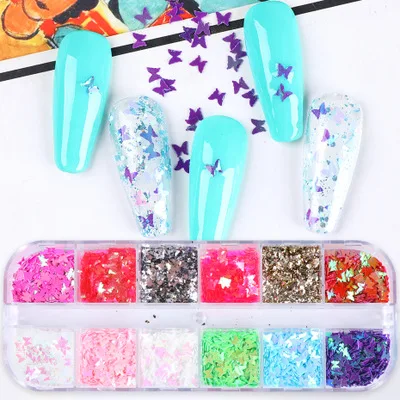 

QianXing Nail Charms 2d 2020 Mixed Glitter Sequins Acrylic Power butterfly Nail Stickers for Nail Art Decorations, 6 colors/set