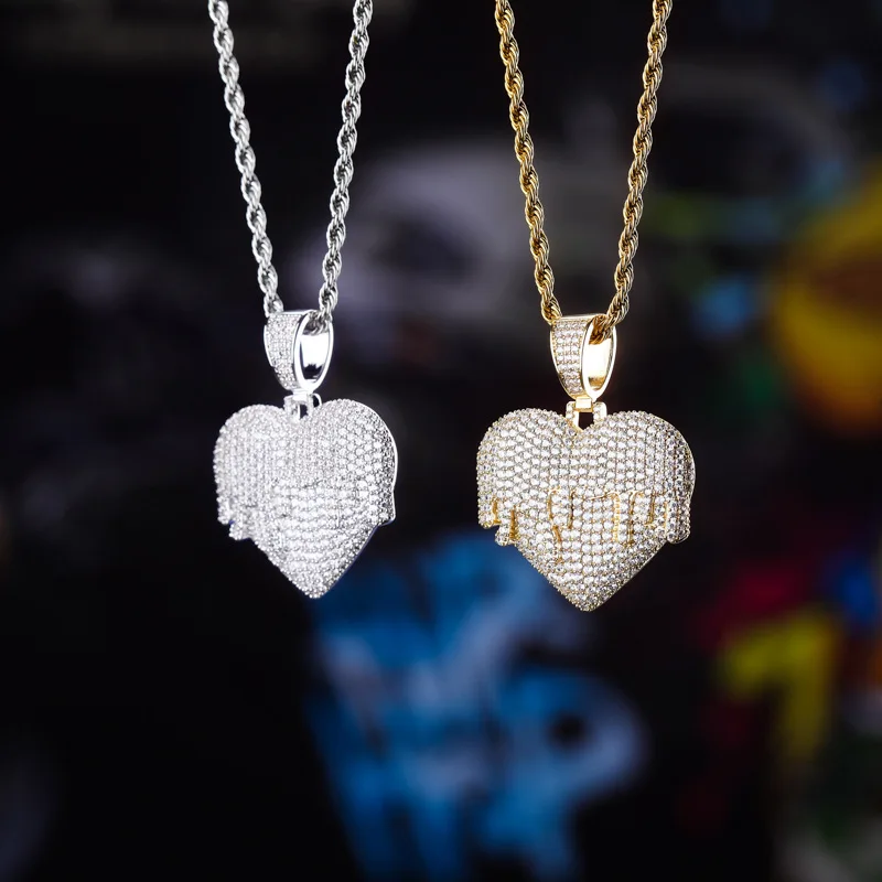 

Amazon Hot Sale Hip Hop Rock Jewelry heart Pendant Necklace With Tennis Chain Cuban chain Gold Silver Iced Out Cubic Zirconia, Picture shows
