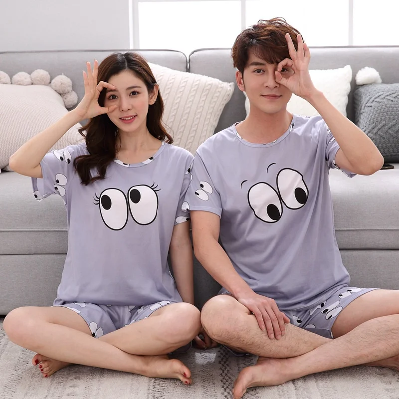 

Summer Romantic 2 Piece Gray Short Sleeve Couple Sleepwear Pajamas Set