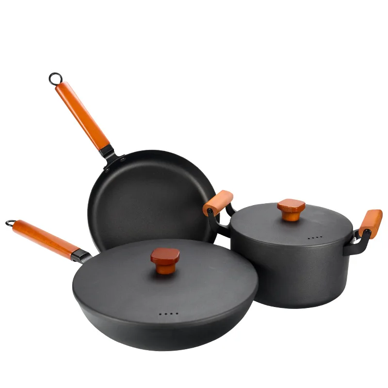 

Amazon Top Sales Drop ship 3 pcs frys and pans cast iron non stick kitchen cookware set black with lid