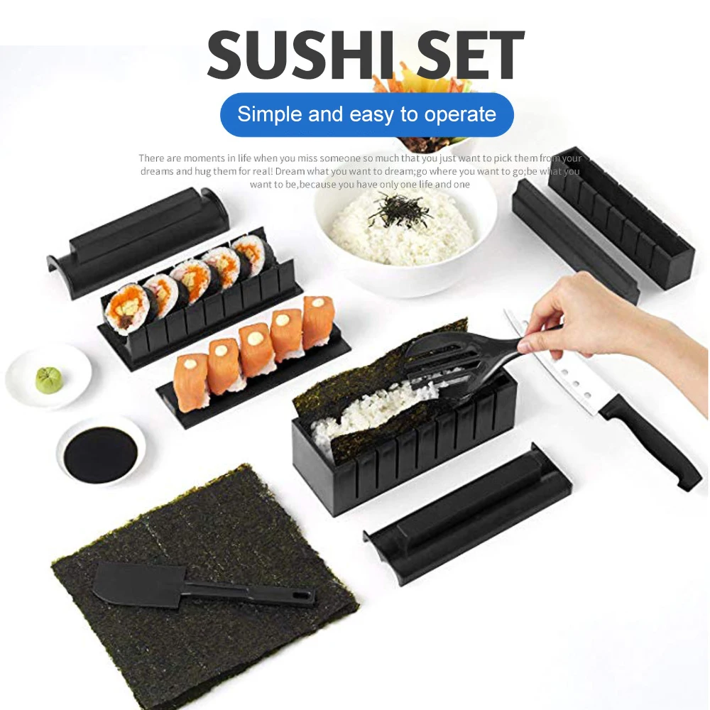 

11Pcs/Set Sushi Maker Equipment Kit,Japanese Rice Ball Cake Roll Mold Sushi Multifunctional Mould Making Sushi Tools, Black