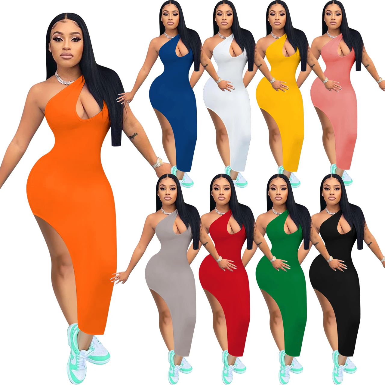 

High Quality Summer Dress 2021 Woman Casual Solid Color Slant Shoulder Slits Dress Women Long Dresses, 9 colors