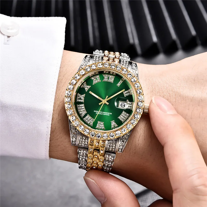 

Hot Selling Bling Full Iced Out Crystal Rhinestone Green Dial Band Bracelet Crystal Full Diamond Quartz Analog Wrist watch