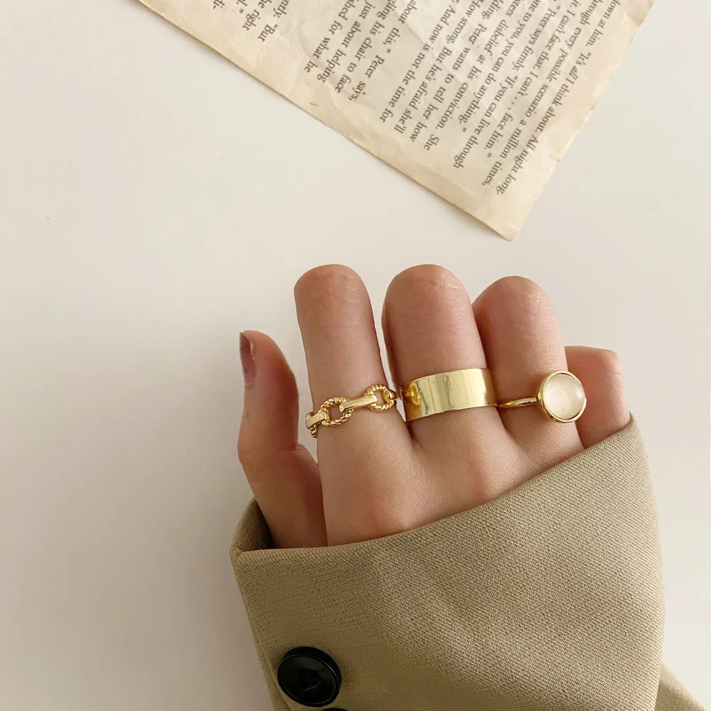 

Hot Selling Women 3pcs Creative Retro Stone Band Ring Set Golden Stacking Ring Set