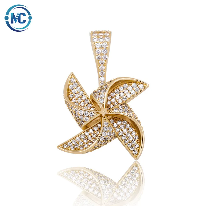 

2021 Hip Hop Gold Plated Iced Out color zircon Rotatable Windmill charm pendant necklace
