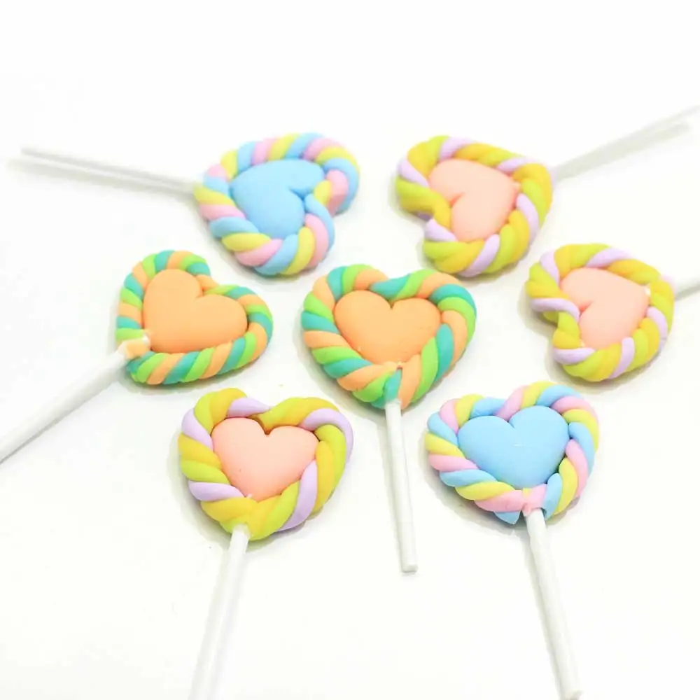 Miniature Polymer Clay Heart Lollipop Candy Cabochons Valentine's Day Lollipops Slime Charms for Decorations