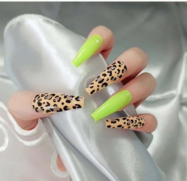 

24Pcs Hot Selling Nail Paste Fluorescent Yellow Long Ballet Nail Leopard Print Wearable Removable Artificial Fingernails
