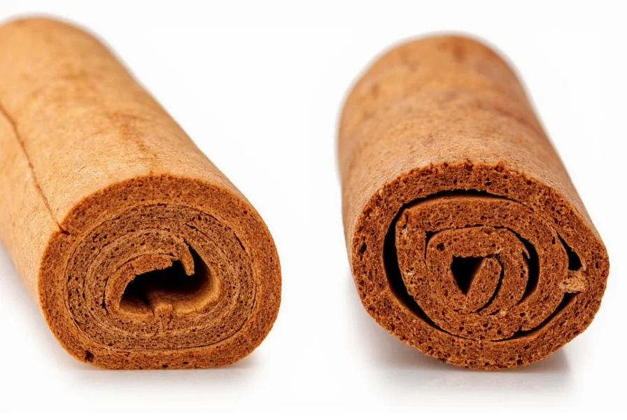 Side-by-side comparison of Ceylon cinnamon's delicate layered structure versus Cassia cinnamon's thick, rough bark