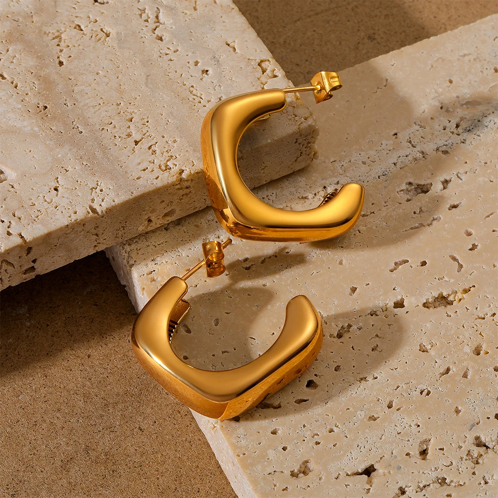 

C Shape Stainless Steel Chunky Hoop Earrings Jewelry For Women 18K Gold Plated Huggie Chunky Stud Earrings