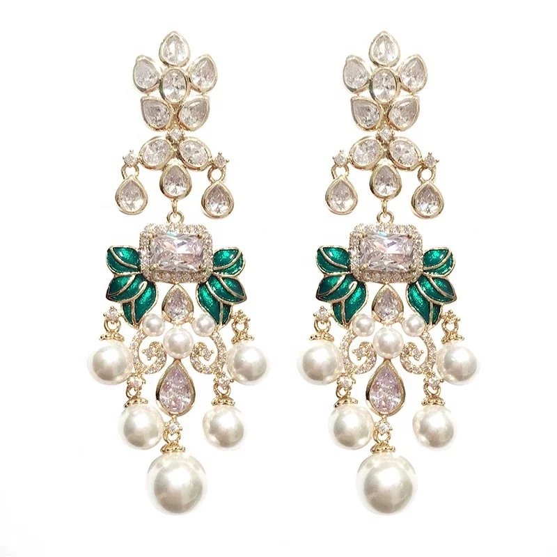 

Baroque style pearl earrings long retro palace foliage luxury Chandelier Earrings for women, Gold color