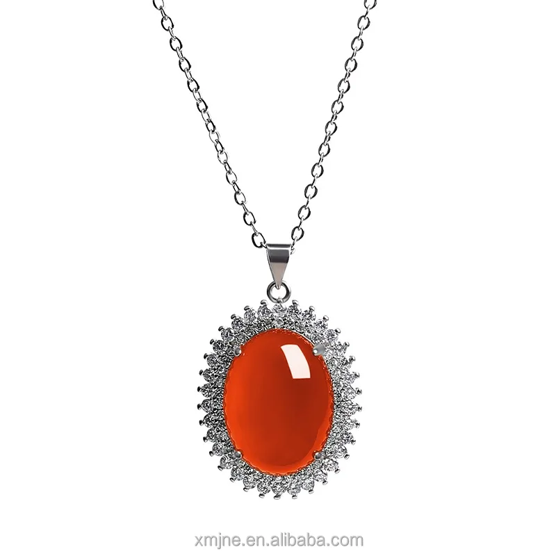 

S925 Silver-Plated Natural Green Chalcedony Pendant Inlaid Ruby Red Agate Pendant Jade Necklace Mother'S Day