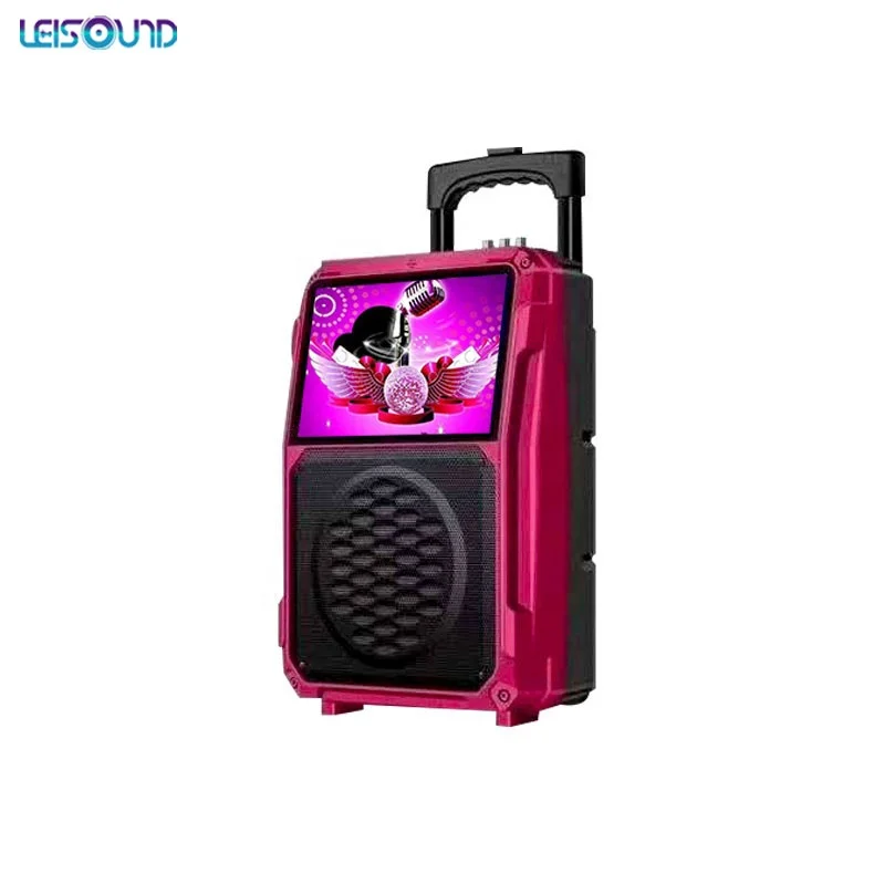 

LEISOUND Wholesale consumer electronic 10 inch woofer 14 inch LCD screen big battery powered mobile trolley video speaker, Pink