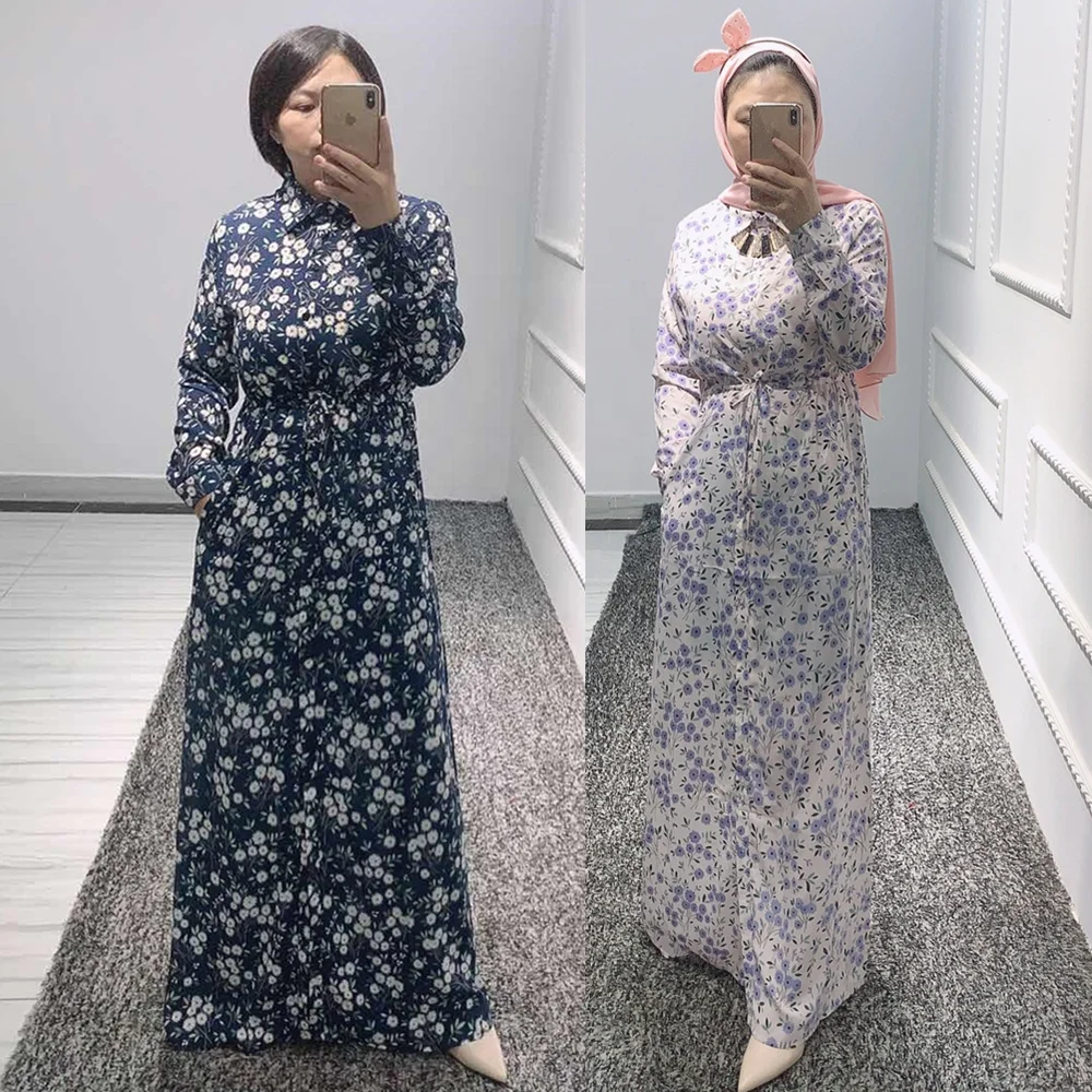 

Women floral print long dress buttons Abaya Muslim shirt dress Islamic Dubai Turkish clothes, Purple, navy