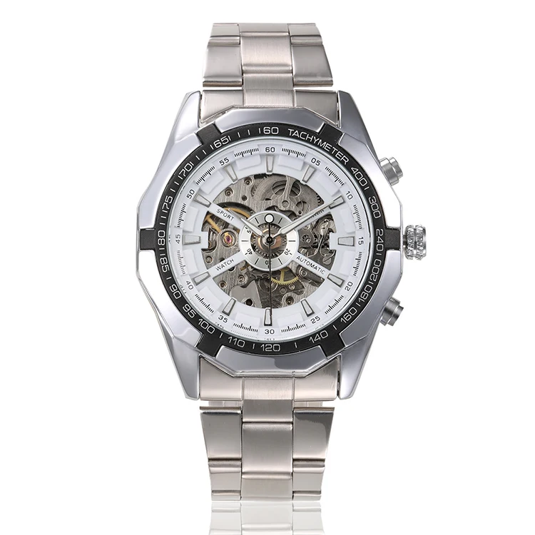 

WINNER 340 Men Automatic Mechanical Watch Luxury Stainless Steel Bracelet Skeleton Watch, As picture