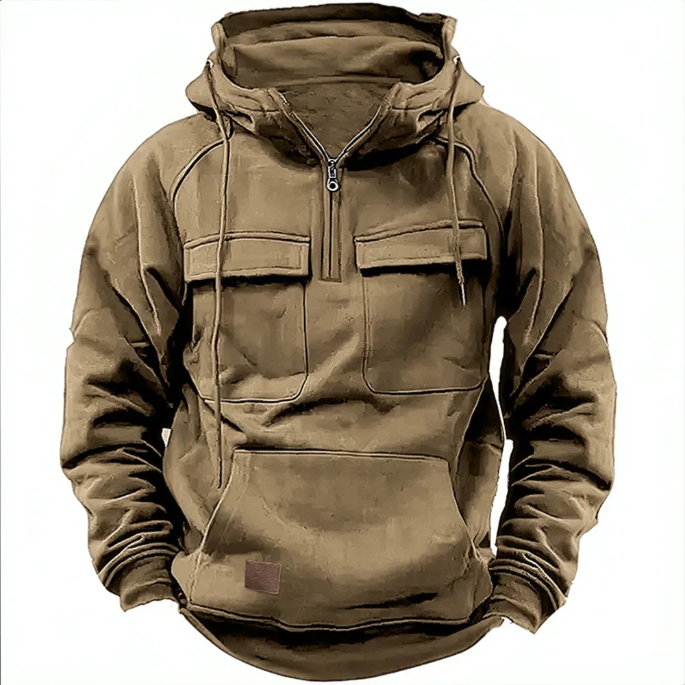 American Vintage Men's Hoodie Sweatshirt Spring Autumn Pullover Jacket Oversized Hood Multi-Pocket Design Woven Solid Printed
