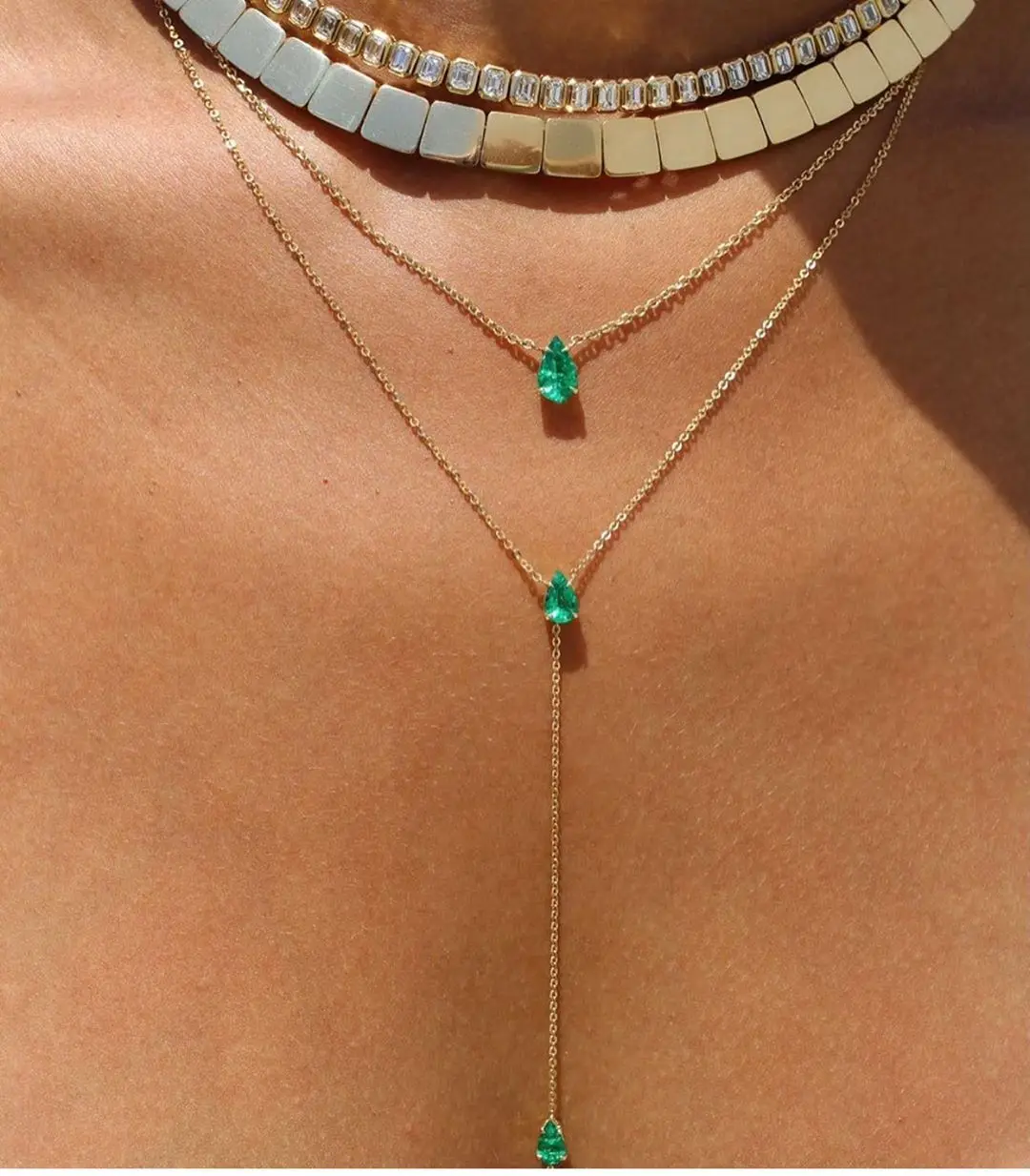 

Fashion jewelry Y shape double chain cz green water drop zircon pendant long thin chain girl women necklace, Customized
