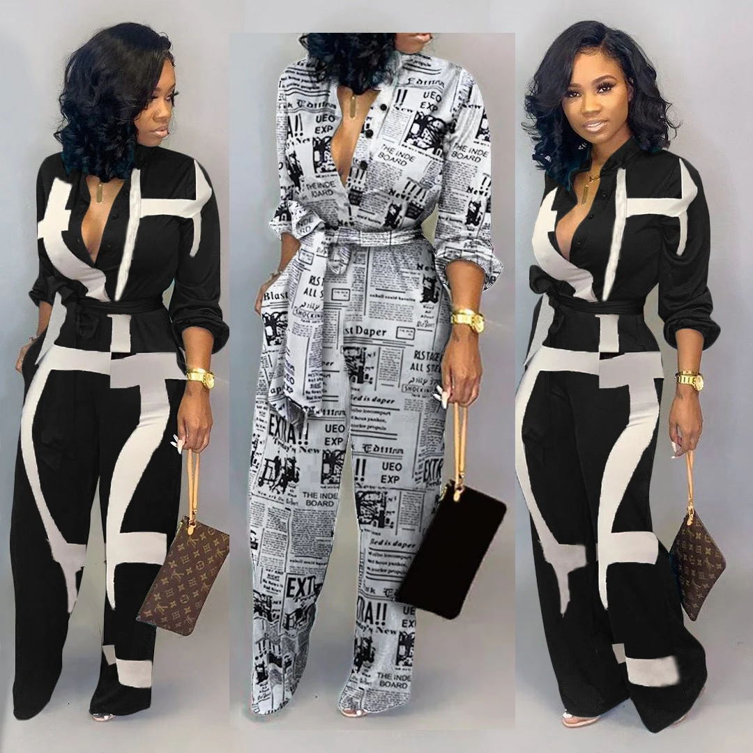 

GX08615 Cardigan newspaper stripe printed Jumpsuit black and White V-Neck sexy rompers women, Picture