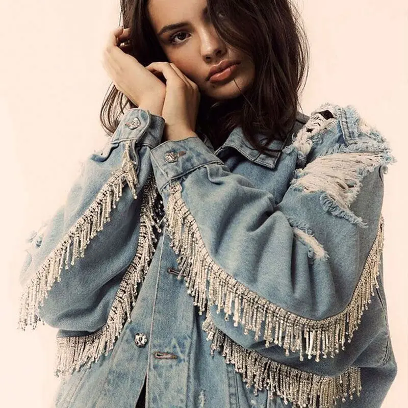 

luxury New ladies denim jacket oversize fashion women rhinestones fringes beading jean ripped distressed denim jacket coat, Picture