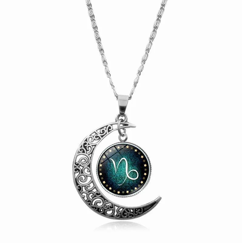 

Fashion 12 Twelve Constellations Silver Moon Pendant Necklace Zodiac Sign Jewelry